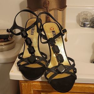 Morgan De Toi Black and Gold ,4 Gems, 4in heel, open toe, sandle.